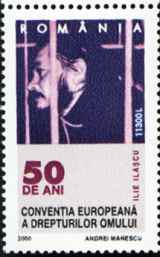 Caged Ilie Ilacu on Romanian stamp from 2000 celebrating the 50th anniversary of the European Convention of Human Rights