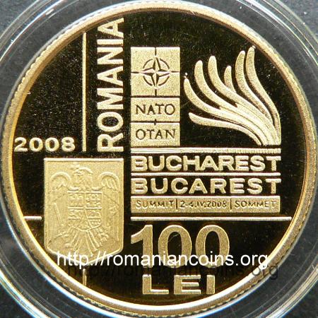 100 lei 2008 - gold - NATO Summit in Bucharest