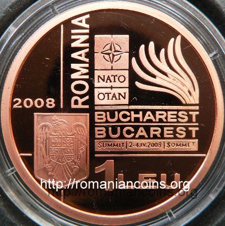 1 leu 2008 - coppered tombac - NATO Summit in Bucharest