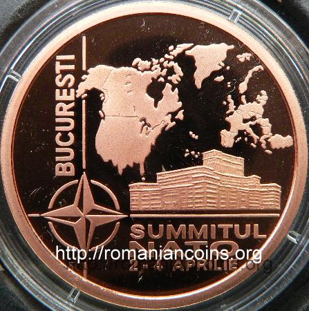 1 leu 2008 - coppered tombac - NATO Summit in Bucharest