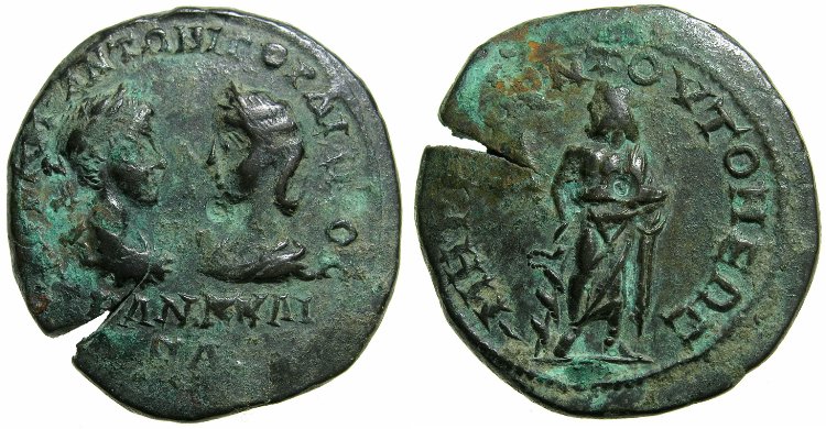 4.5 ai (assaria) - moned btut la Tomis, cu chipul mpratului Gordian i al mprtesei Tranquillina, cu Asclepios