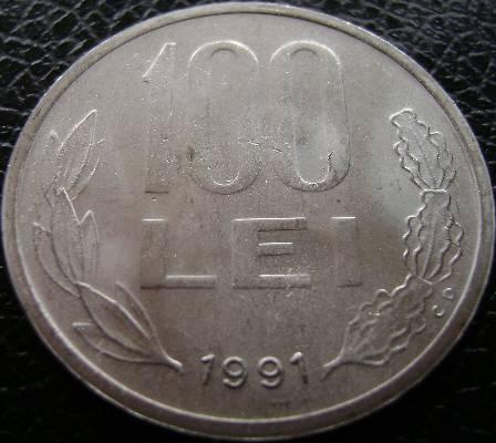100 lei 1991 - valoarea nominală cu cifre subţiri, anul cu cifra 9 rotunjită