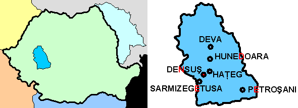 Judeţul Hunedoara pe harta României şi localitatea Densuş pe harta judeţului Hunedoara