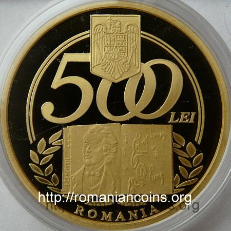 500 lei gold 2010 - Mihai Eminescu - 160 years from birth - obverse