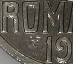 25 bani 1921 - probă - detaliu cu sigla monetăriei