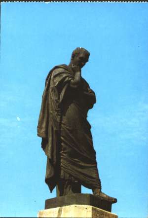 Statue of Ovid in Constana (ancient Tomis) on Romanian postcard printed in the eighties