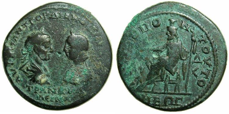 4.5 ai (assaria) - moned btut la Tomis, cu chipul mpratului Gordian i al mprtesei Tranquillina, cu Hades - Serapis