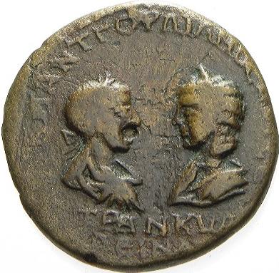 4.5 ai (assaria) - moned btut la Tomis, cu chipul mpratului Gordian i al mprtesei Tranquillina, cu zeia Tyche - avers