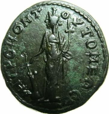 4.5 ai (assaria) - moned btut la Tomis, cu chipul mpratului Gordian i al mprtesei Tranquillina, cu zeia Tyche - revers