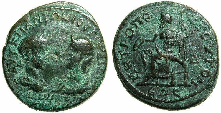 4 ai (assaria) - moned btut la Tomis, cu chipul mpratului Gordian i al mprtesei Tranquillina, cu Zeus